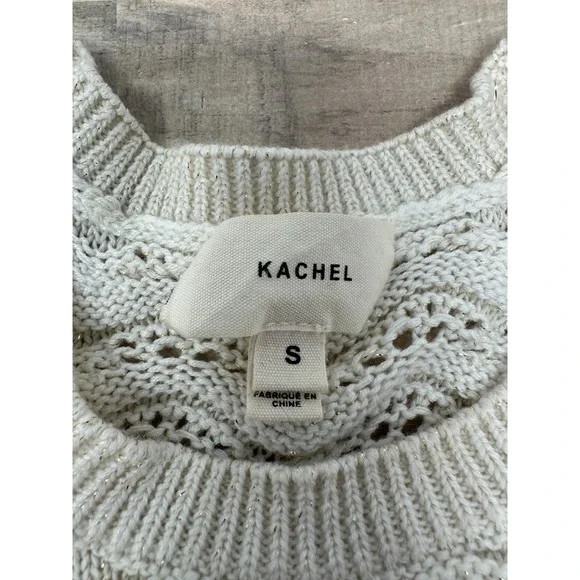 Anthropologie Kachel Shimmer Crochet Short Sleeve Sweater Size Small Offwhite - Picture 2 of 11